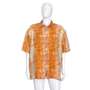 Syllables Men's Camp Shirt XL Orange & Cream Paisley Short Sleeve Button